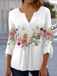 Greta | Damen Geblümte Henley-Bluse Relaxed Fit Lange Ärmel Rosenprint – Blumenweiß