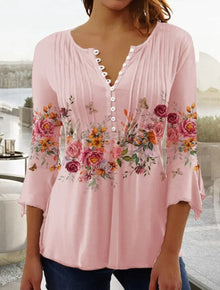 Greta | Damen Geblümte Henley-Bluse Relaxed Fit Lange Ärmel Rosenprint – Rosa
