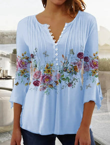 Greta | Damen Geblümte Henley-Bluse Relaxed Fit Lange Ärmel Rosenprint – Hellblau