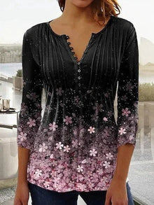 Greta | Damen Geblümte Henley-Bluse Relaxed Fit Lange Ärmel Rosenprint – Schwarz