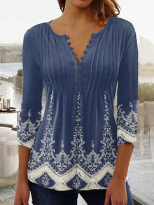 Greta | Damen Geblümte Henley-Bluse Relaxed Fit Lange Ärmel Rosenprint – Blau