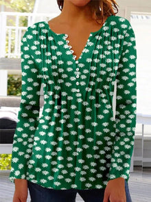 Greta | Damen Geblümte Henley-Bluse Relaxed Fit Lange Ärmel Rosenprint – Dunkelgrün