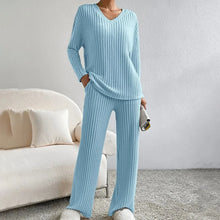 Damen Geripptes Strick Set mit V-Ausschnitt Langen Ärmeln und Weiter Hose – Blau