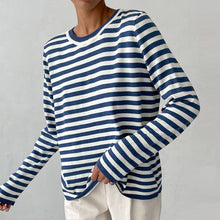 Emilia | Damen Gestreifter Langarm Relaxed-Fit Rundhals Sweater – Blau