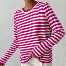 Emilia | Damen Gestreifter Langarm Relaxed-Fit Rundhals Sweater – Rosa