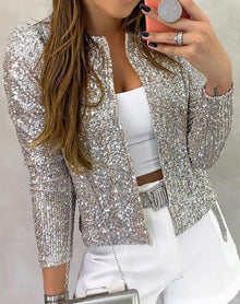 Amelie | Damen Glitzernde Offene Winterjacke Festlicher Pailletten Blazer – Silber