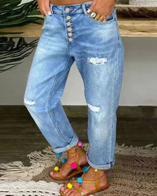 Damen Jeans mit Knopfleiste und Rissen in Blau – Blau