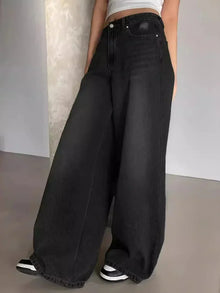 Damen Baggy Jeans mit weitem Bein lässig geschnitten – Schwarz