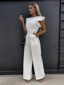 Damen Jumpsuit mit Rüschenärmeln und Bindegürtel – Weiß