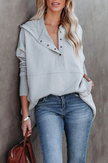 Clara | Damen Kapuzen-Tunika langarm oversized Hoodie mit Knopfleiste – Grau