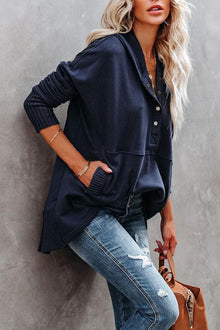 Clara | Damen Kapuzen-Tunika langarm oversized Hoodie mit Knopfleiste – Marine