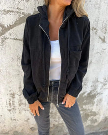 Casual Damen Zip-Up Hoodie mit Kordelzug – Tiefschwarz