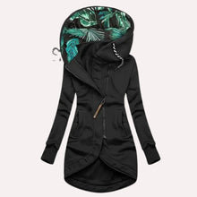 Damen Kapuzenjacke mit tropischem Innenfutter und Asymmetrischem Reißverschluss – Schwarz