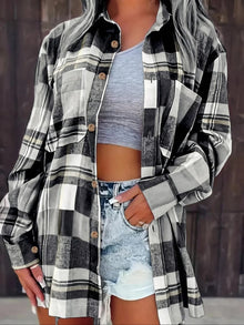 Amelie | Damen Karierter Flanell Cardigan Oversized Langarm Hemdbluse – Schwarz