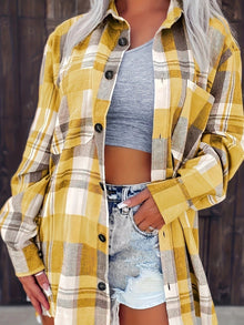 Amelie | Damen Karierter Flanell Cardigan Oversized Langarm Hemdbluse – Gelb