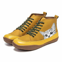 Luisa | Damen Katzenmotiv Schnür-Ankle Boots Leder-Stiefeletten – Gelb