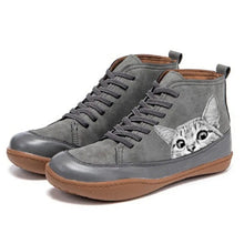Luisa | Damen Katzenmotiv Schnür-Ankle Boots Leder-Stiefeletten – Grau