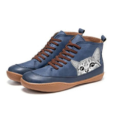 Luisa | Damen Katzenmotiv Schnür-Ankle Boots Leder-Stiefeletten – Blau