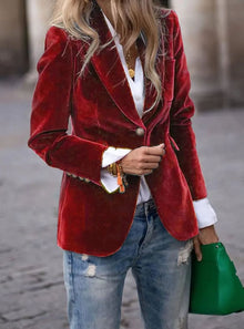 Elisabeth | Damen Klassischer Blazer mit Ein-Knopf-Verschluss Goldknöpfe Samtoptik – Rot
