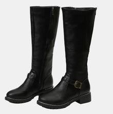 Annika | Damen Kniehohe Stiefel Schnalle Reißverschluss Kunstleder – Schwarz