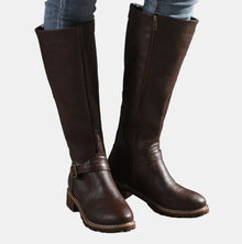 Annika | Damen Kniehohe Stiefel Schnalle Reißverschluss Kunstleder – Dunkelbraun