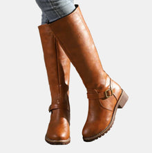 Annika | Damen Kniehohe Stiefel Schnalle Reißverschluss Kunstleder – Braun