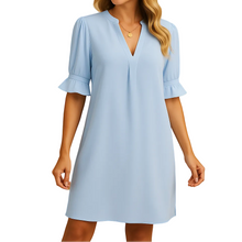Damen Kurzarm Kleid mit V-Ausschnitt und Rüschenärmeln – Hellblau