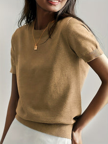 Elisabeth | Damen Kurzarm Knit Sweater Top Rundhals lockere Passform – Erdgold