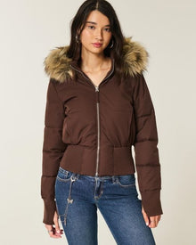 Damen Kurze Steppjacke mit Fellkapuze Frontreißverschluss und langen Ärmeln – Braun