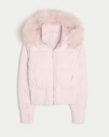 Damen Kurze Steppjacke mit Fellkapuze Frontreißverschluss und langen Ärmeln – Rosa