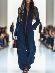 Johanna | Damen Langarm-Jumpsuit Wide Leg Pants Reißverschluss Kontrastnähte – Dunkelblau