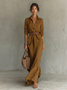 Lena | Damen Langarm-Maxikleid fließend tailliert mit Gürtel – Khaki