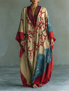 Greta | Damen Langarmkleid Maxi Fledermausärmel Japanischer Pflaumenblüten-Print – Rot