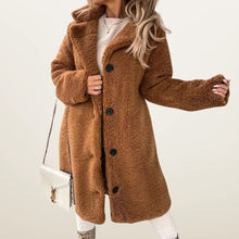 Damen Teddymantel lang mit Knöpfen – Braun