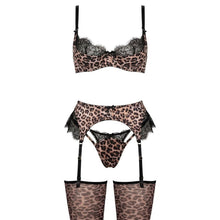 Johanna | Damen Leoparden Dessous-Set mit Spitzenbesatz vierteilig – Leopard