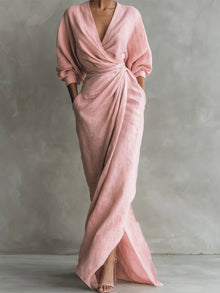 Nora | Damen Long Sleeve Dress Maxi Wickelkleid V-Ausschnitt 3/4-Ärmel – Rosa
