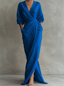 Nora | Damen Long Sleeve Dress Maxi Wickelkleid V-Ausschnitt 3/4-Ärmel – Blau