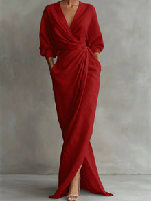 Nora | Damen Long Sleeve Dress Maxi Wickelkleid V-Ausschnitt 3/4-Ärmel – Rot