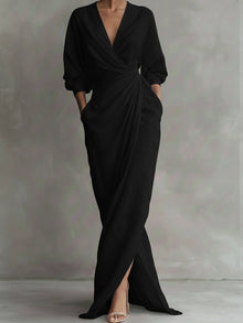 Nora | Damen Long Sleeve Dress Maxi Wickelkleid V-Ausschnitt 3/4-Ärmel – Schwarz