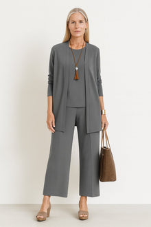 Amelie | Damen Longline-Cardigan 3-teiliges Set Culotte Hosenanzug Elegant – Grau