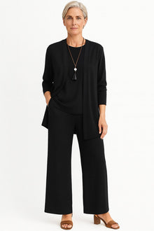 Amelie | Damen Longline-Cardigan 3-teiliges Set Culotte Hosenanzug Elegant – Schwarz