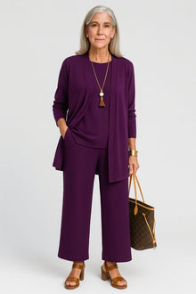 Amelie | Damen Longline-Cardigan 3-teiliges Set Culotte Hosenanzug Elegant – Lila