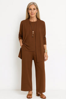 Amelie | Damen Longline-Cardigan 3-teiliges Set Culotte Hosenanzug Elegant – Braun