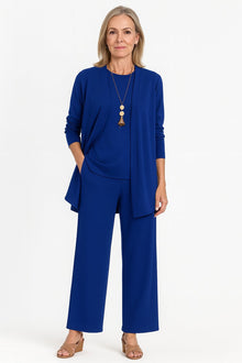 Amelie | Damen Longline-Cardigan 3-teiliges Set Culotte Hosenanzug Elegant – Blau