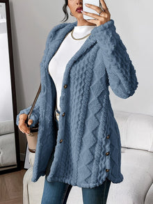 Marlene | Damen Longline Cardigan mit Kapuze Plüsch Knopfleiste Oversized – Denimblau