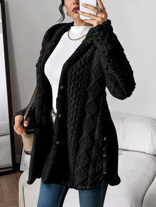 Marlene | Damen Longline Cardigan mit Kapuze Plüsch Knopfleiste Oversized – Schwarz