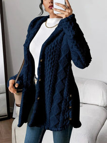 Marlene | Damen Longline Cardigan mit Kapuze Plüsch Knopfleiste Oversized – Marineblau