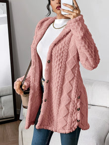 Marlene | Damen Longline Cardigan mit Kapuze Plüsch Knopfleiste Oversized – Rosa