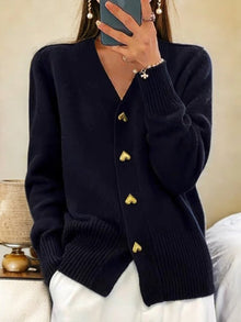 Elfriede | Damen Longline V-Ausschnitt Strick Cardigan mit Herzknöpfen – Schwarz