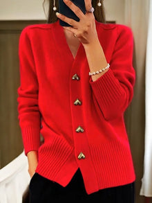 Elfriede | Damen Longline V-Ausschnitt Strick Cardigan mit Herzknöpfen – Rot